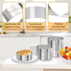Hamburger Bun Rings, Burger Mold, 4.2 inch Large Ring Molds for Cooking, Set of 6, Nonstick, Made of Food Grade 304 Stainless Steel, Cooking Rings for Fried Eggs, Crumpets, Pancakes, Muffins and More