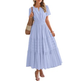 BTFBM Womens Summer 2025 Casual Midi Maxi Dresses Lightweight Short Sleeve V Neck Elastic Waist Boho Beach Dress Pockets(Light Blue, Small)