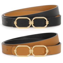 WHIPPY Women Reversible Leather Belt Fashion Skinny Waist Belt with Gold Buckle for Jeans Pants Dresses Brown+Black XXL