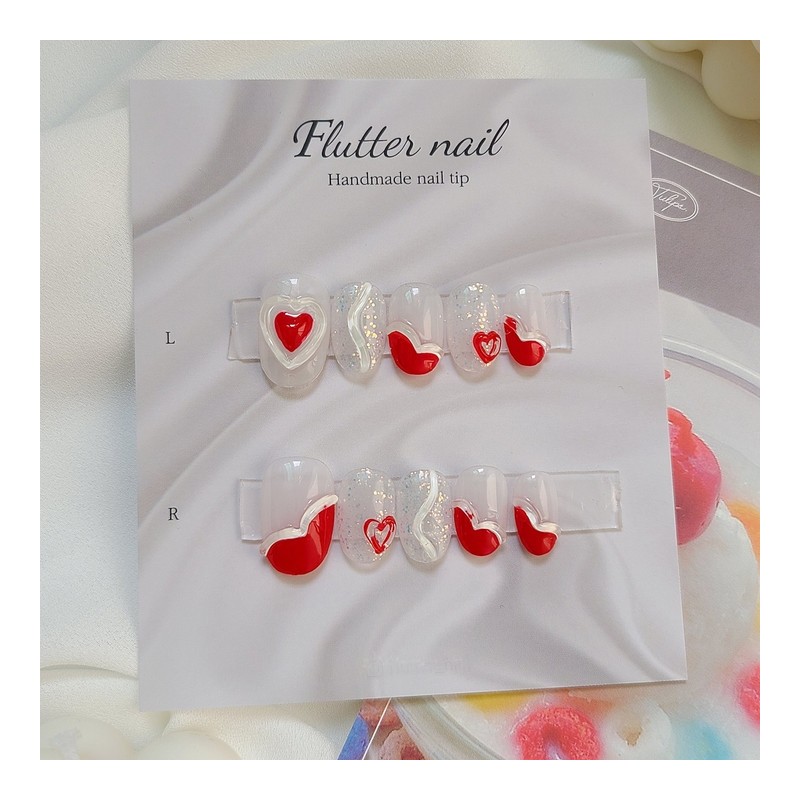 Red heart chunk handmade nail tip ❤ - Long Square