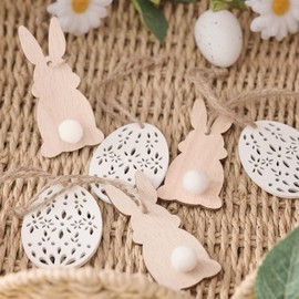Lights4fun Set of 6 Wooden Easter Bunny and Egg Ornaments Twig Tree Hanging Decorations