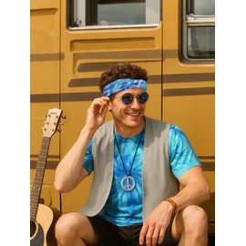 Hippie Costume for Men 60s 70s Outfits Accessories Tie Dye Shirt Set Fringe Carnival Vest Wig Tie Dye Headband for Party (Blue 7Pcs set, XL)
