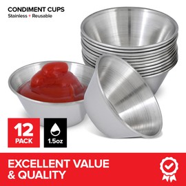 1.5 oz Stainless Steel Condiment Cups (12 Pack), Individual Portion Dipping Sauce Cups, Small Metal Ramekins for Ketchup, Marinara, BBQ Sauce, and More! Reusable Condiment Cups for Restaurants