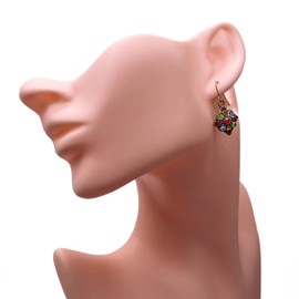 Rhombus Earrings with Multi-Color Rhinestones Crystals on Antique Gold Color Nickel Free Hooks : 33mm long, Rhombus Shape Drop Earrings, Gift for Women