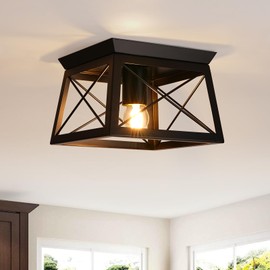 foucasal Farmhouse Ceiling Light Fixtures Black Flush Mount Ceiling Light 1-Light Industrial Metal-Framed Ceiling Lights, Rustic Flush Mount Ceiling Light for Hallway Kitchen Foyer Laundry Bedroom