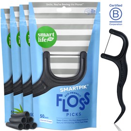 SmartLifeco Eco-Friendly Dental Floss Picks (200ct) - Flossers Made with Straw Wheat Blend, Natural Teeth Whitening, Tooth Pick Stick for Adults, Soft on Gums, Activated Bamboo Charcoal Floss Thread