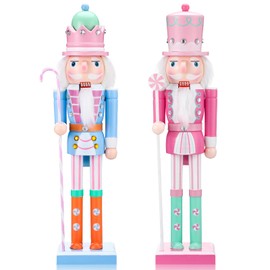 Soaoo 2 Pcs Pastel Nutcracker Christmas Nutcracker Ornament 15''Wooden Pastel Candy Soldier Figures Traditional Nutcrackers Christmas Decor for Desktop Table Collectible Decoration