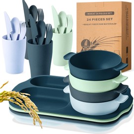 Tanlade 24 Pcs Wheat Straw Dinnerware Cutlery Sets, Kids Toddlers Divided Plates Unbreakable Bowl Microwave Dishwasher Safe Tableware Cutlery Spoon Knife Fork Cup (Dark Blue, Dark Green, Blue, Green)
