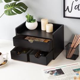 Rustic Distressed white 3-Tier Wood Desk Organizer with 3 Drawers Mini Storage Shelf For Desk, Toiletries Vanity Office Supplies (Black)