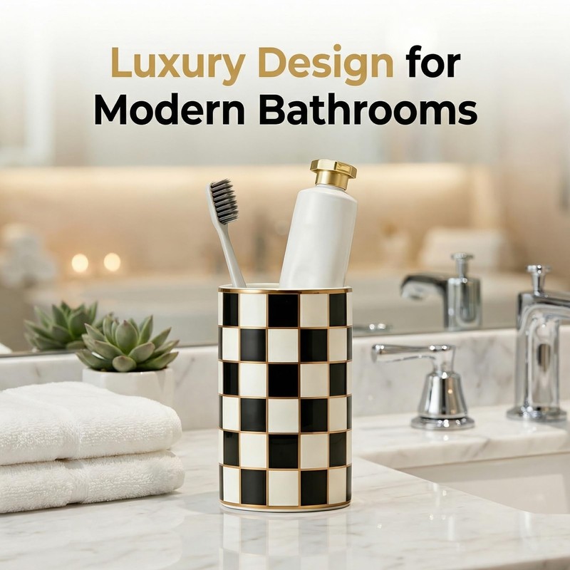 Checkered Ceramic Toothbrush Holder, Cute & Durable for Bathroom, Ideal