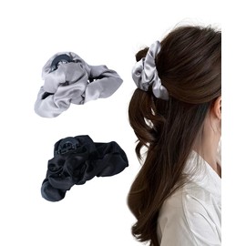 ACECHA 2 Pack Elegant Satin Hair Claw Clips for Women, Silk Cloud Clips for Thin and Thick Hair, Soft Hair Claws for Strong Hold Hair Styling (Black & Grey 00)