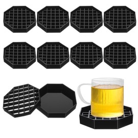 Set of 8 Coffee Countertop Drip Trays, 4" Octagon Shape, Black Plastic with Honeycomb Grid Design for Bars, Restaurants, and Drink Dispensers.