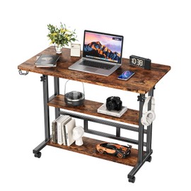BYMECOST Adjustable Height Standing Desk, Rolling Stand Up Desk with Storage Shelves, 31.5" Small Mobile Computer Desk, Portable Laptop Table (Simple Brown)