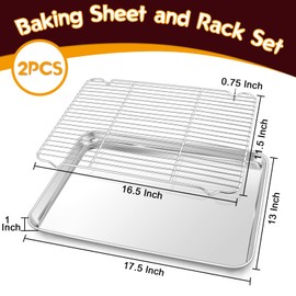P&P CHEF Stainless Steel Baking Sheet Set with Rack, 17.5 inch, Thick Gauge, Even Heating, Air Flow for Even Baking, Dishwasher Safe, 2 Pieces