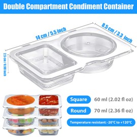 20Pcs Snack Pack Containers, Disposable & Reusable Double Compartment Condiment Box with Lids, for Sauce, Dips, Takeout, Travel and Outdoor Camping