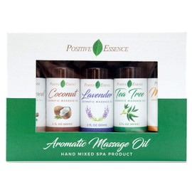 Positive Essence Massage Oils for Body Massage, 5 Relaxing Scents (Coconut, Lavender, Tea Tree, Mandarin, Sandalwood), Made with Pure Essential Oils, Huile Massage Oil for Deep Tissue Massage