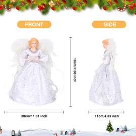 GLAITC Christmas Tree Topper,LED Fair Angel Xmas Tree Topper Christmas Tree Decoration White Fairy Angel Decor with Feathers Wings Xmas Tree Ornament for Christmas Xmas Party Bar Bedroom Decorations