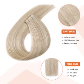 XDhair Tape Extensions Real Hair Ash Blonde Highlight Bleached Blonde 20 Pieces 50 g 45 cm Tape in Extensions Real Hair Silky Straight Remy Tape Hair Extensions (#18P/613-18)