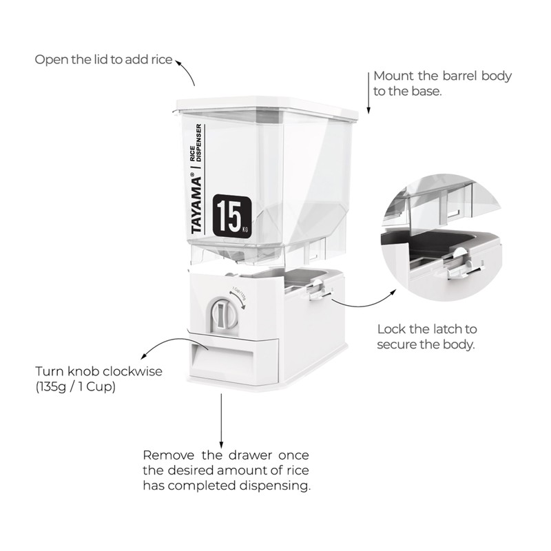 TAYAMA 33 lbs. Capacity Rice Dispenser Grain Storage Container, White