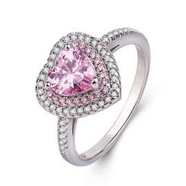 ASFKIPMF 925 Sterling Silver Shiny Full Diamond Ring Pink Heart Rings for Women 14K White Gold Plated Cubic Zirconia Diamond Rings for Her Promise Wedding Engagement Ring for Girls Mothers Day Size S