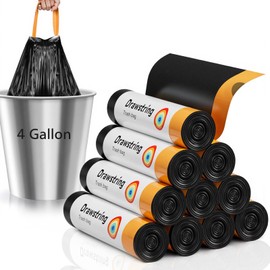 CTIME 150 Counts 4 Gallon Trash Bags Drawstring, Pull Rope Garbage Bags, Thick Plastic Trash Can Liner, Black Small Trash Bags for Bathroom, Homes, Kitchens and Bedrooms