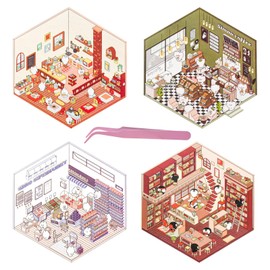 LALASTYLE 4 Sets DIY 3D House Stickers,3D Stickers Scene,Paper House Stickers,3D Miniature Scene Stickers,Make Your Own Bookstore,Restaurant,Supermaket & Coffee Shop