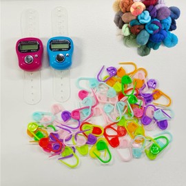 Taekooki 2 Pieces Digital Finger Counter, Digital Finger Clicker, Hand Clicker Counter Sewing Knitting, with 60 Knitting Stitch Markers, Crochet Closure Clip, Colourful Knitting Markers