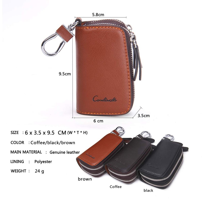 Contacts Genuine Leather Car Key Case Holder Double Zipper Keychain