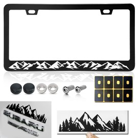 BGGTMO Mountains License Plate Frame- Black Aluminum Car Tag Cover Holder with Stainless Steel Screws Caps, Snow Mountain Tree Decal Sticker, 1 Pack 2 Hole
