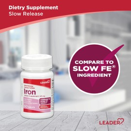 Leader Slow Release Iron 45MG Tablets 60 Ct. Gentle on Stomach Supports Red Blood Cells