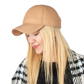 HATSQUARE Genuine Leather Baseball Cap Adjustable Soft Feel Dad Plain Hat Stylish Classic for Women Men Unisex (Dark Beige)