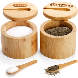 Lawei 2 Pack Bamboo Salt and Pepper Bowls, Round Salt Container with Magnetic Swivel Lids and Spoons, Bamboo Salt Cellars, Seasoning Storage Holder Box for Salt, Pepper, Sugar, Spice