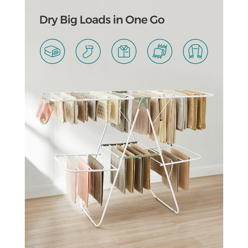 SONGMICS Clothes Drying Rack, Foldable 2-Level Laundry Drying Rack, Free-Standing