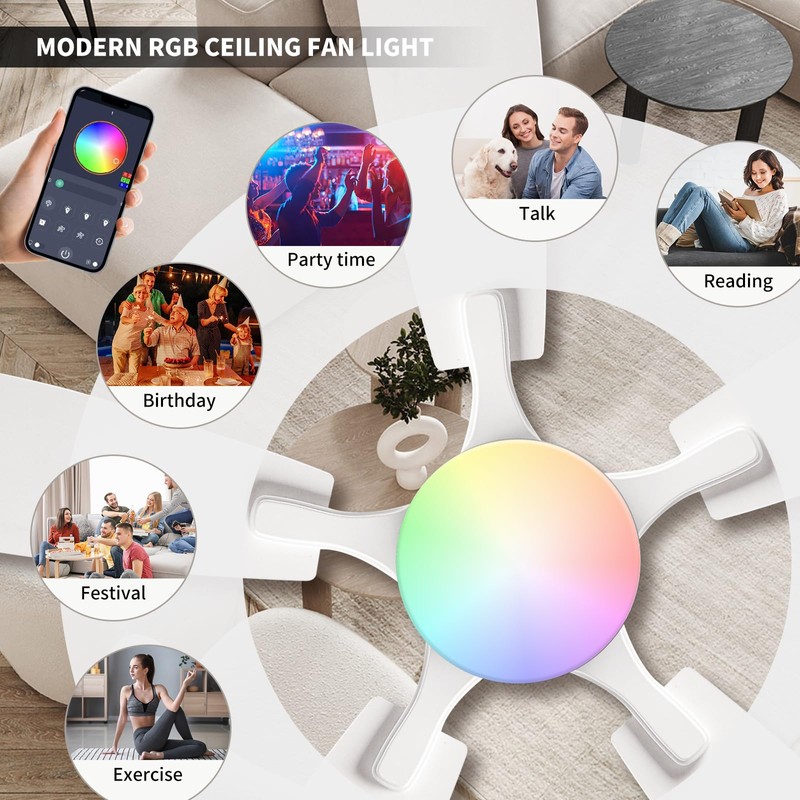 FUMLTP Ceiling fans with Lights, 54Inch RGB Low Profile Ceiling