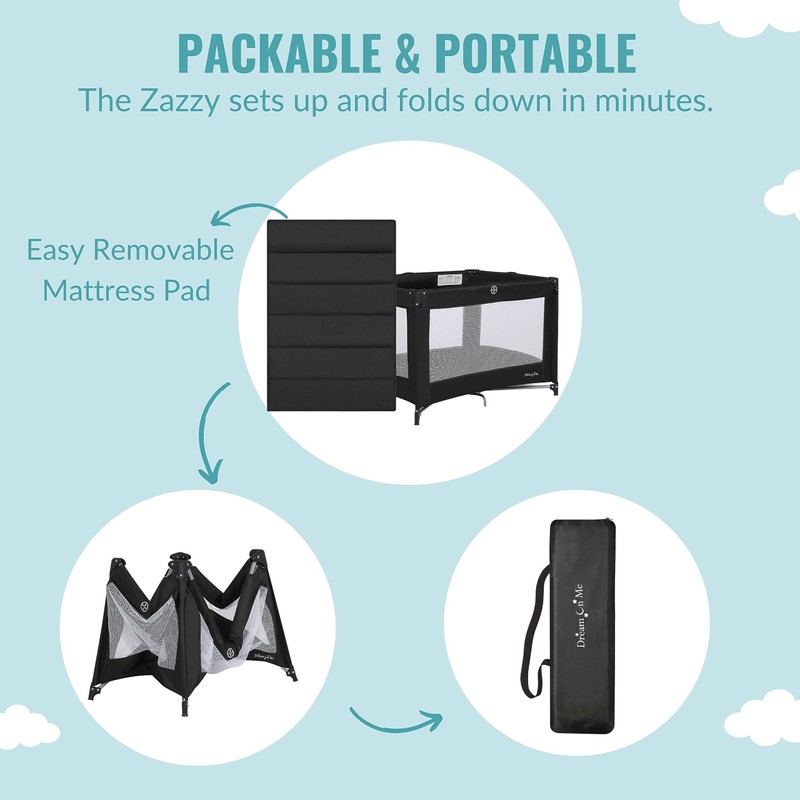 Dream On Me Zazzy Portable Playard with Bassinet in Black,
