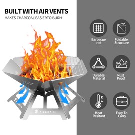 Foldable Portable Fire Pit,Stainless Steel Fire Pits with Charcoal Grill Net and Storage Bag,Camping Fire Pit Grill for Patio Outdoor Barbecue Campfire Bonfire (Medium)