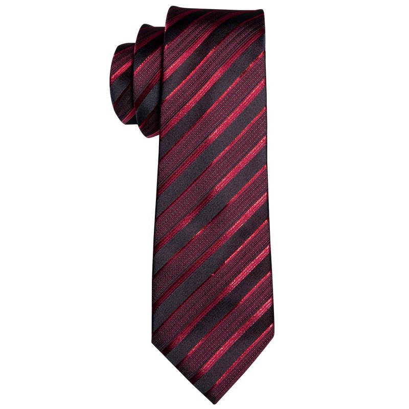 Barry.Wang Men Tie Red Black Stripes Silk Ties Pocket Sqaure