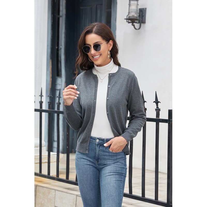 BERESIA Women's Cardigan with Buttons Classic Crew Neck Elegant, darkgray