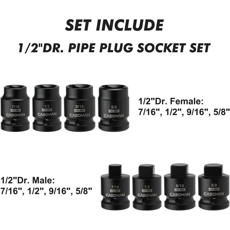 Focus tool 8PCS 1/2-Inch Drive Pipe Plug Socket Set Cr-Mo