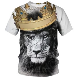 Fiswaki Lion King Men's Shirt Lion Head Wearing Crown Domineering White T-Shirt,White1,L
