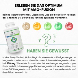 MAG-FUSION Magnesium Citrate and Vitamins B6, B9 Folate, B12 and D3. Fatigue, Muscle Function, Joints and Homocysteine 120 Capsules
