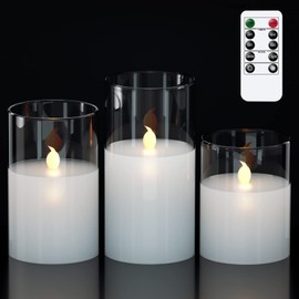 GenSwin Clear Glass Battery Operated Flameless Led Candles with 10-Key Remote and Timer, Real Wax Candles Warm White Flickering Light for Home Decoration(Set of 3)