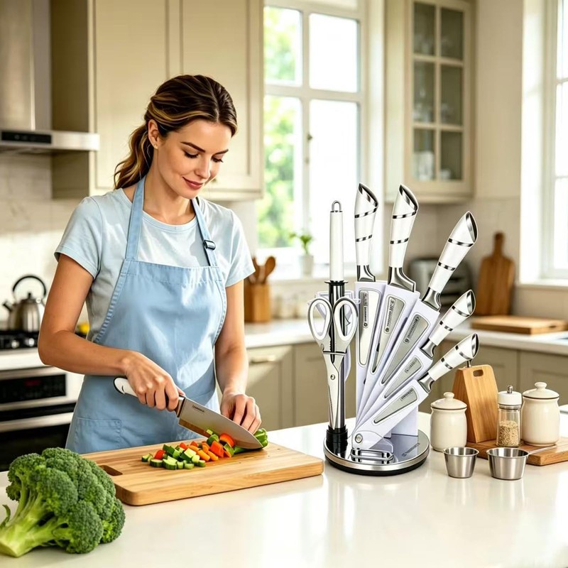 9-Piece White Sharp Stainless Steel Kitchen Knife Set with Block