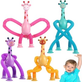 4 Mini Ttubos Sensoriales,Pop Tube Sensor Fidget Toy para Niños y Adultos,Colorido Kit de Tubo Estirable de Jirafa,Tubos para Reventar,Juguetes Educativos Sensoriales,Jirafa Telescopica con Ventosa