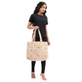 Women's Unique Handprinted Quilted Large Cotton Fabric Tote Bag For Travel Grocery Shopping Weekend Trips with Inside Pocket (Vintage Paisley)