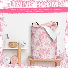 CroBlissful 2 Pcs Pink Laundry Basket Coquette Storage Basket for Girls Nursery Hamper with Handles Foldable Waterproof Collapsible Storage Bin Organizer for College Dorms Bathroom(Chinoiserie)