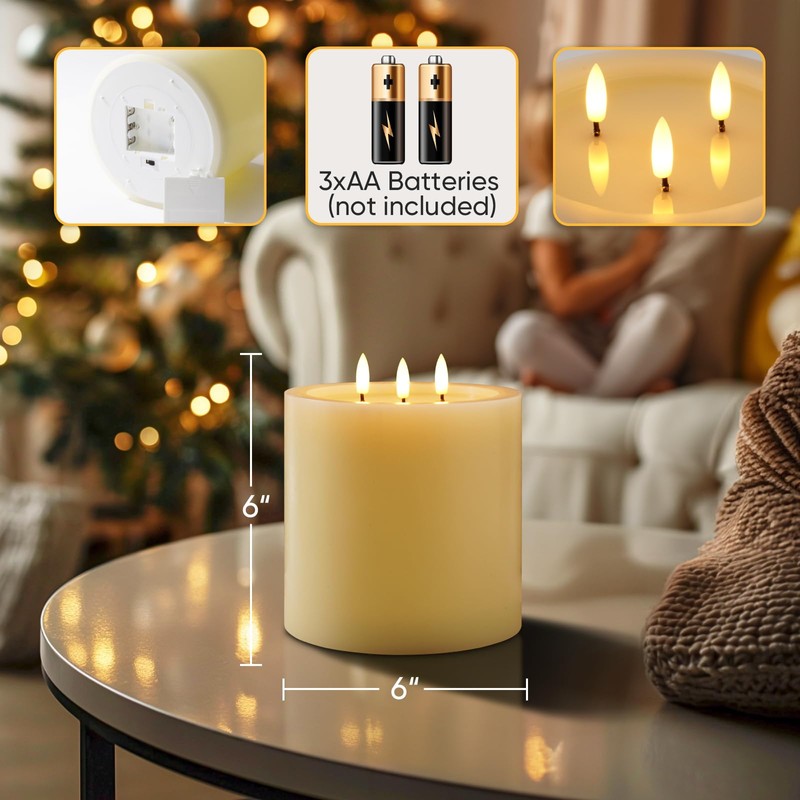 Amagic 3 Wicks Extra Large Flameless Candles, Battery Operated Candles