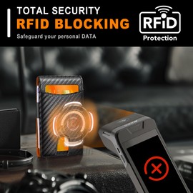 AZZS Slim Bifold Wallet for man with Money Clip - RFID Blocking, Multiple Credit Card Pockets - Sleek and Versatile Design - Genuine Leather - Ideal for Cash and Cards (Carbon Black - Orange)