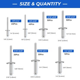 Besitu 210Pcs Pop Rivets Assortment Kit, 1/8" 3/16" 1/4" Large Flange Solid Rivets Set Aluminum Grip Stainless Steel Mandrel Blind Rivets for Metal Heavy Duty