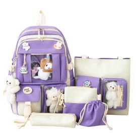 pdghiue 5-Piece Aesthetic Kawaii Backpack Set with Kawaii Pin and Pendants Accessories, Nylon Material | Durable & Adorable